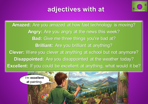 Educational infographic titled "adjectives with at" featuring a list of example sentences and a cartoon of a man painting a landscape.