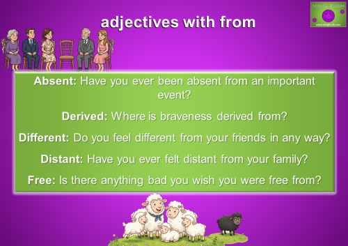 Illustrated grammar poster showing adjectives with the preposition from, including absent from, derived from, different from, distant from and free from, with example question sentences for ESL learners.