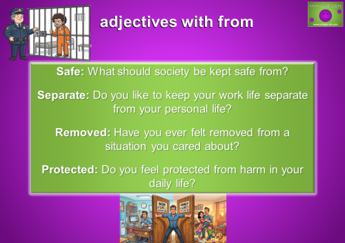Educational infographic from Mingle-ish titled "adjectives with from" featuring cartoon illustrations of a prison and a man balancing work and family life.