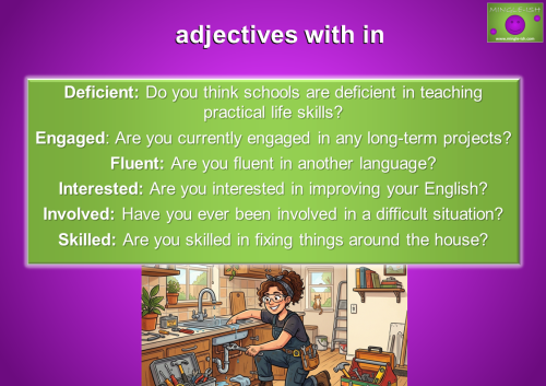 Cartoon illustration of a woman repair technician in a kitchen fixing a leaky sink with various tools.