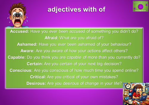 Infographic of English adjectives paired with the preposition "of," featuring conversational examples and Mingle-ish style illustrations.