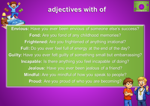 Educational infographic displaying English adjectives paired with the preposition "of," featuring conversational practice questions and Mingle-ish style illustrations.