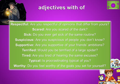 Grammar infographic showcasing a third list of English adjectives paired with the preposition "of," including conversational questions and colorful Mingle-ish illustrations.