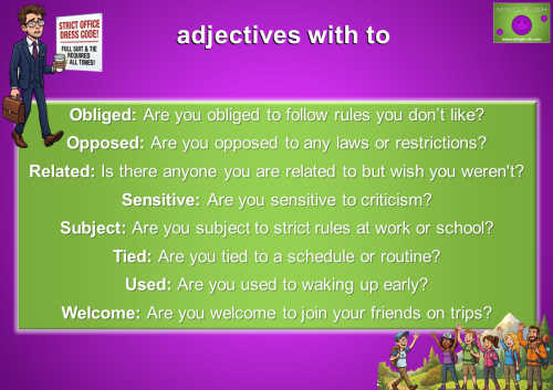 Educational infographic titled "adjectives with to" featuring a list of eight adjectives like Obliged, Sensitive, and Welcome with example questions and cartoon illustrations of a businessman and hikers.