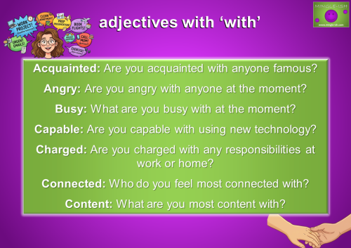 Educational infographic titled "adjectives with 'with'" listing seven adjectives such as Acquainted, Busy, and Content with example questions and cartoon illustrations of a busy woman and holding hands.