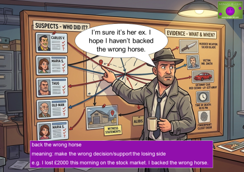 Cartoon illustration of a detective pointing to a suspect on an investigation board to explain the idiom "back the wrong horse."