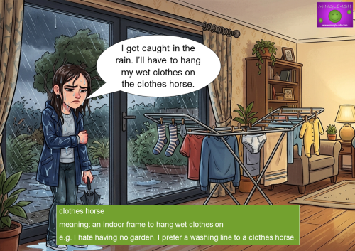 Person caught in rain hanging wet clothes on a clothes horse indoors British English vocabulary example