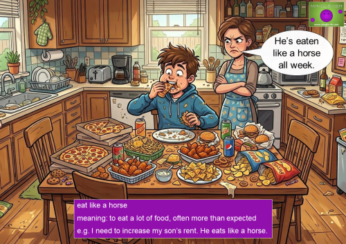 Cartoon illustration of a teenage boy eating a large amount of junk food at a kitchen table while his mother looks on disapprovingly, depicting the idiom "eat like a horse."