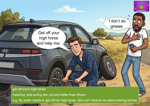 Cartoon illustration of a man changing a flat tire on a modern SUV while another man in a clean white T-shirt watches with a horrified expression, demonstrating the idiom "get off one's high horse."