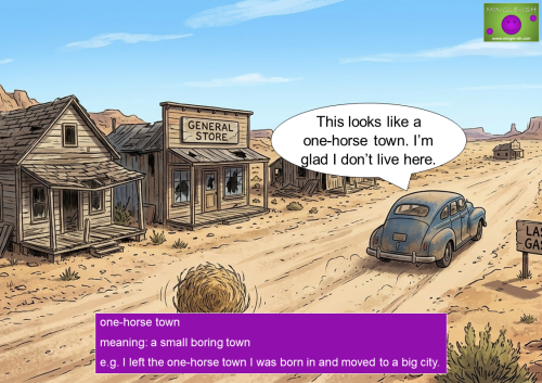 Cartoon illustration of a vintage car driving through a deserted, dusty town with broken-down buildings and tumbleweed to illustrate the idiom "one-horse town."