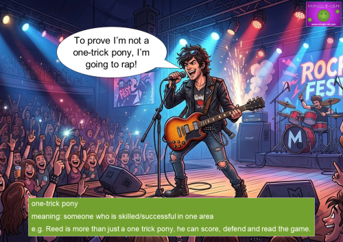 Cartoon illustration of a rock star performing on stage with a guitar and microphone, used to explain the idiom "one-trick pony."