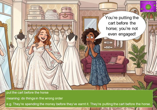 Cartoon illustration of a woman trying on a wedding dress while her surprised friend explains the idiom "put the cart before the horse."