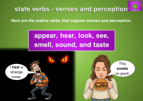An educational infographic on stative verbs for senses and perception, featuring a cartoon of a scared man hearing a strange noise in the dark and a woman enjoying the smell of a delicious burger.