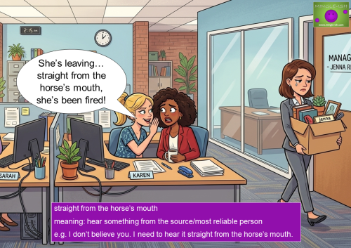 Cartoon illustration of office employees gossiping while a manager carries a box of belongings, illustrating the idiom "straight from the horse’s mouth."