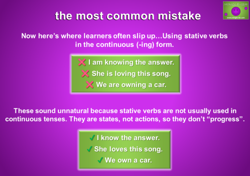Educational infographic from Mingle-ish illustrating the common grammar mistake of using stative verbs in the continuous (-ing) form, featuring correct and incorrect sentence examples.