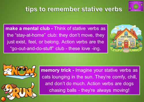 Tips to remember stative verbs using stay at home vs action verbs and cat and dog memory trick with know and run examples