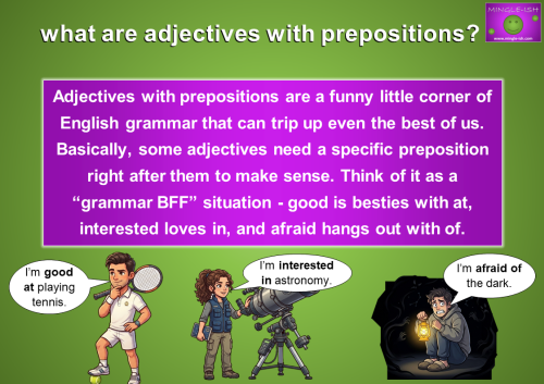 Illustration explaining adjectives with prepositions in English grammar with examples good at, interested in, and afraid of for ESL learners