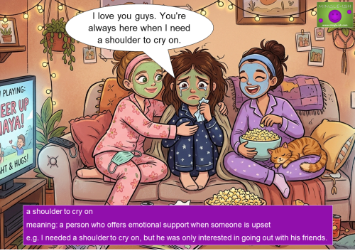 Cartoon of three friends in pajamas having a movie night with face masks and popcorn to comfort a girl crying after a breakup.