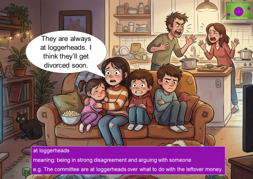 An illustration showing a family where the parents are arguing in the kitchen and the children on the couch are stressed and crying.