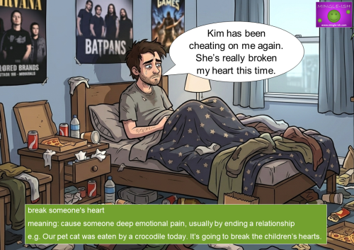 Cartoon of a depressed man crying in a messy bedroom after a relationship breakup, illustrating the idiom "break someone's heart."