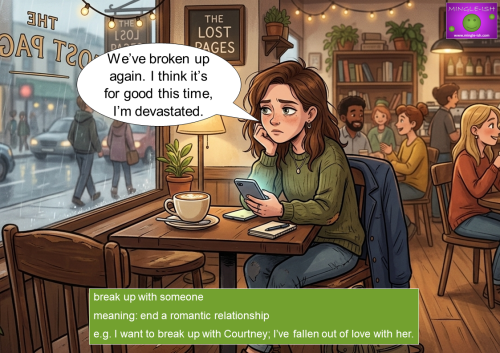 Cartoon of a sad woman sitting alone in a rainy cafe after a breakup, illustrating the phrase "break up with someone."