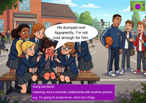 Girl crying at school after being dumped saying “He dumped me” breakup idiom example ESL EFL