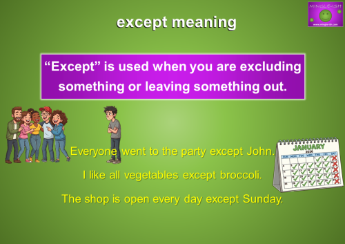 Educational graphic explaining the "except meaning" with cartoon illustrations of social exclusion and a calendar marked with daily ticks and weekend crosses.