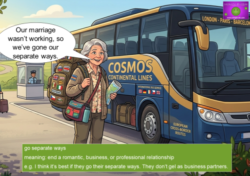 An older woman with a large travel backpack stands by an international coach, illustrating the idiom "go separate ways" by explaining the end of her marriage.