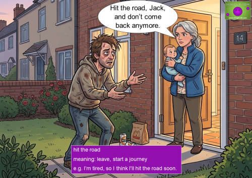 A woman standing in her doorway holding a baby, telling a disheveled man to leave, illustrating the idiom "hit the road" in the context of a relationship breakup.