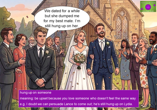 Man at a wedding looking upset as his ex marries his best friend, illustrating the idiom “hung up on someone”
