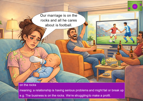 A frustrated woman bottle-feeding a baby while her husband and his friends watch football in the background, illustrating the idiom "on the rocks" to describe a troubled relationship.