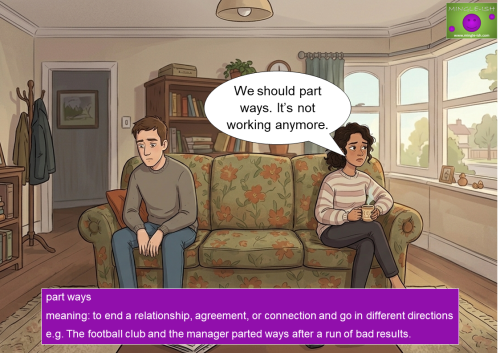 Couple sitting apart on sofa looking sad as woman says “we should part ways”, illustrating breakup idiom in real-life situation
