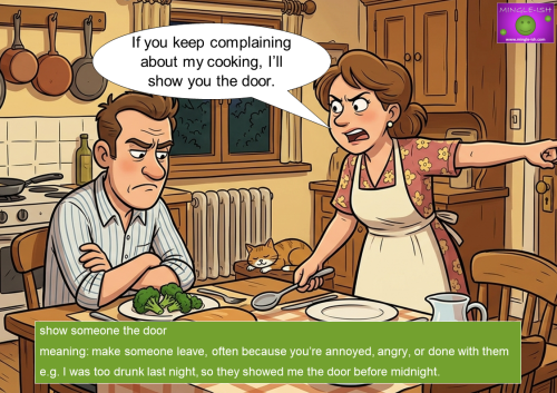 Angry woman pointing to the door while arguing with partner at dinner table, illustrating “show someone the door” idiom in a relationship context