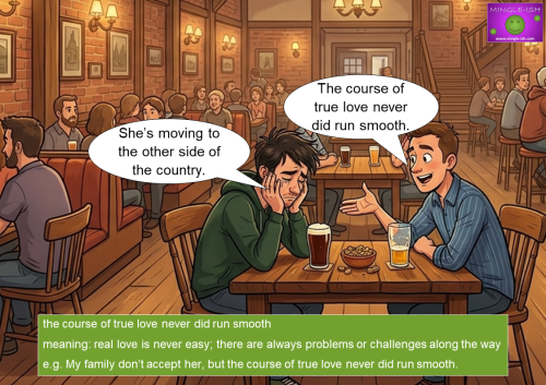 Two men sitting at a pub table, one looking sad and crying while the other comforts him, illustrating the idiom "the course of true love never did run smooth" in a cartoon style.