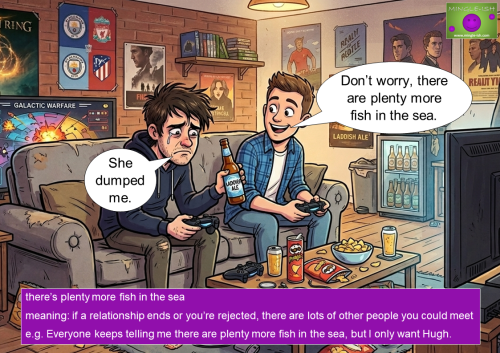 Two friends playing video games on a sofa, with one appearing sad after a breakup and the other offering a beer and support, illustrating the idiom "there's plenty more fish in the sea" in a modern cartoon style.