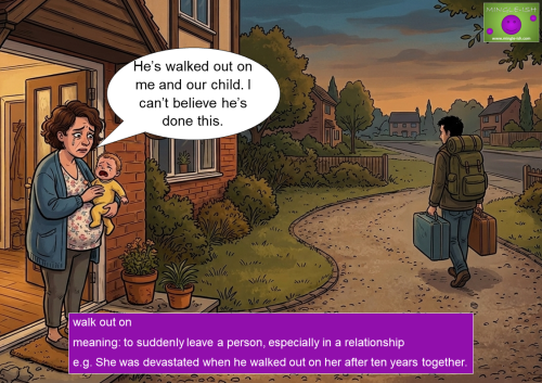 A woman standing in her doorway holding a baby while visibly upset as a man walks away down the driveway with packed luggage, illustrating the idiom "walk out on" in a cartoon style.