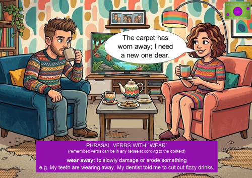 cartoon example of wear away phrasal verb showing worn carpet with sentence example english grammar esl efl