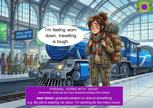 cartoon example of wear down phrasal verb tired traveller at train station english grammar esl efl
