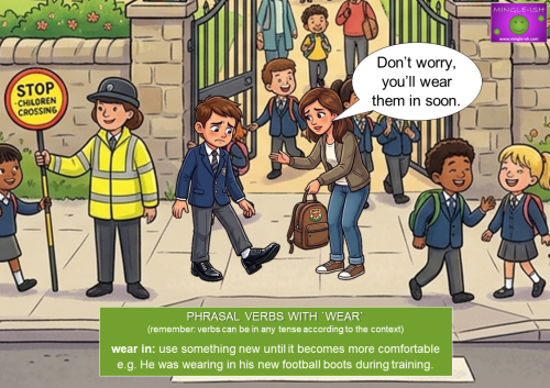 Cartoon of schoolboy wearing tight new shoes outside school gate with his mum explaining the phrasal verb wear in meaning to become more comfortable over time