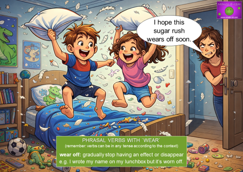 Cartoon of children having a pillow fight on a bed while their exhausted mother watches, illustrating the phrasal verb wear off meaning to gradually disappear or stop having an effect.