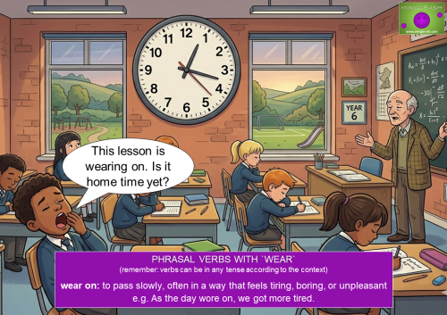 Cartoon classroom scene illustrating the phrasal verb "wear on" with tired students and a ticking clock.