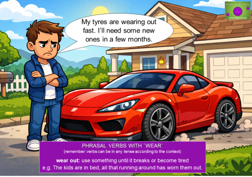 Cartoon illustration of a man with an unhappy expression standing by a red sports car with a speech bubble about tyres wearing out, used to teach the phrasal verb "wear out."