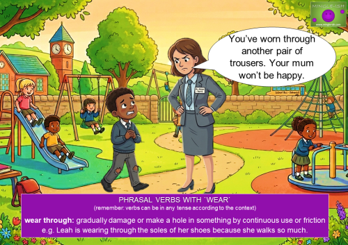 Cartoon playground scene illustrating the phrasal verb "wear through" with a teacher pointing out holes in a student's trousers.