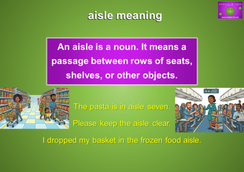 Illustration explaining the meaning of aisle with examples showing a supermarket aisle and an aeroplane aisle in an English homophones lesson about aisle, I’ll, and isle.