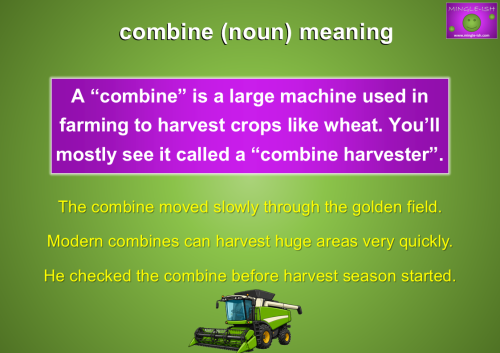 A green and black combine harvester illustration on a green background, accompanied by text defining "combine" as a farming machine and providing three example sentences.