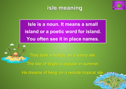 A cartoon map of the Isle of Wight on a white background used to illustrate the proper noun usage of "isle" in a lesson about homophones.