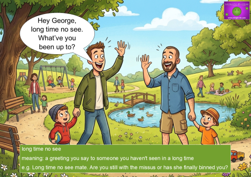 A cartoon illustration of two men waving to each other in a sunny park while walking with their young sons, representing the idiom "long time no see."