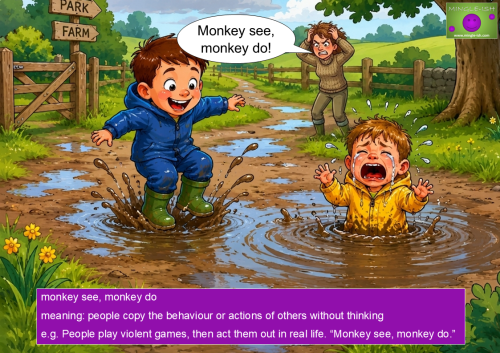 A cartoon illustration of a boy splashing in a puddle while another boy cries after getting stuck in deep mud, illustrating the idiom "monkey see, monkey do."