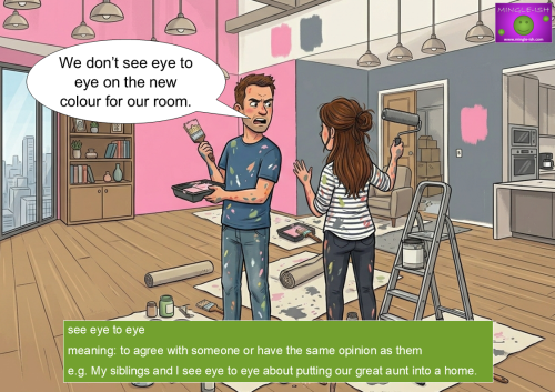 A cartoon illustration of a frustrated couple painting a room different colors—the man using light pink and the woman using mid-gray—to demonstrate the idiom "see eye to eye."