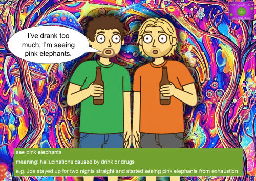 Cartoon illustration of two men with wide eyes holding bottles, representing the idiom "see pink elephants" against a psychedelic background.